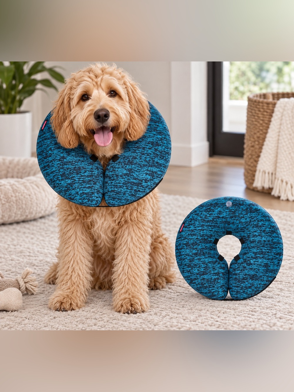 MIDOG Inflatable Dog Cone, Large, Blue Soft Fabric Recovery Collar for Dogs